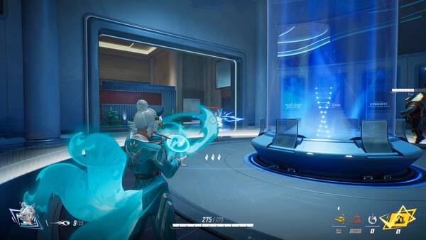 Screenshot from Marvel Rivals showing a character in combat stance, aiming a glowing weapon at a futuristic target.