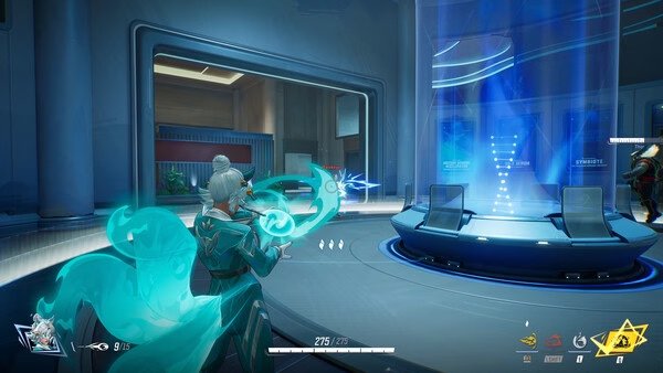 Screenshot from Marvel Rivals showing a character in combat stance, aiming a glowing weapon at a futuristic target.