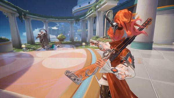 Marvel Rivals screenshot: A red-haired character aims a rifle in a futuristic courtyard while an armored foe approaches in the distance.
