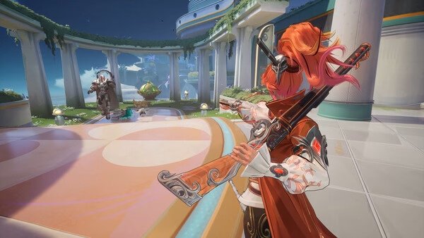 Marvel Rivals screenshot: A red-haired character aims a rifle in a futuristic courtyard while an armored foe approaches in the distance.