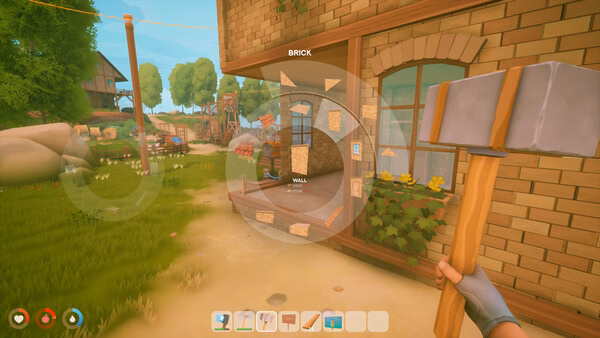 A Solarpunk screenshot showing a player holding a hammer, selecting building materials near a brick house in a sunny, lush environment.