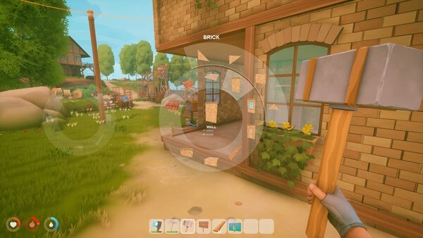 A Solarpunk screenshot showing a player holding a hammer, selecting building materials near a brick house in a sunny, lush environment.