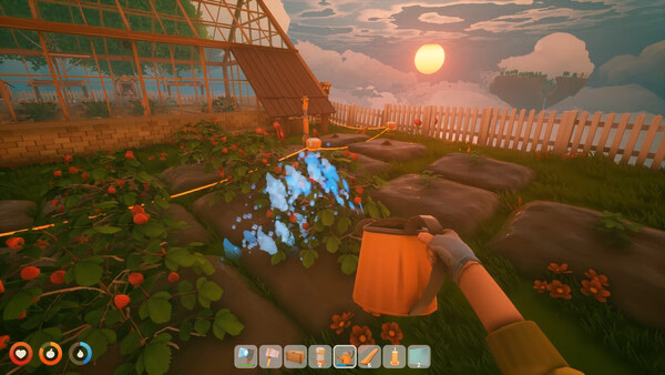 A screenshot from Solarpunk showing a player watering plants in a garden with a sunset in the background.