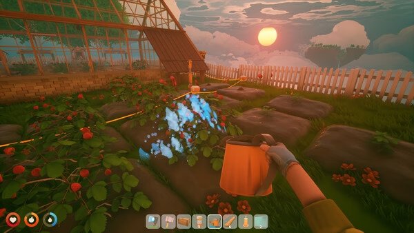A screenshot from Solarpunk showing a player watering plants in a garden with a sunset in the background.
