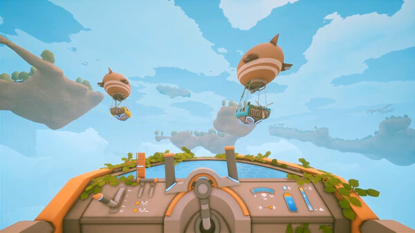 Solarpunk screenshot: A cockpit view shows two airships floating among lush, green islands in a bright, cloudy sky.