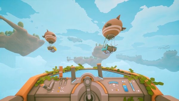 Solarpunk screenshot: A cockpit view shows two airships floating among lush, green islands in a bright, cloudy sky.
