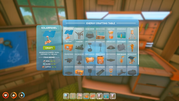 Screenshot from Solarpunk showing the Energy Crafting Table menu with various items like a solar panel and battery.
