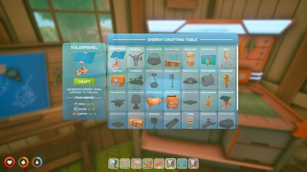Screenshot from Solarpunk showing the Energy Crafting Table menu with various items like a solar panel and battery.