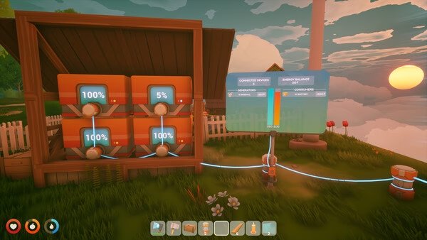 A screenshot from Solarpunk showing an energy management interface beside battery storage units in a vibrant, sunny landscape.