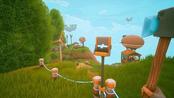 Solarpunk screenshot: A lush landscape featuring wind turbines and floating airships, with a tool held in the foreground.