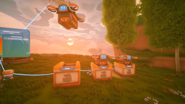 Screenshot from Solarpunk: A sunset illuminates drone stations and lush greenery, with a hovering drone in the foreground.