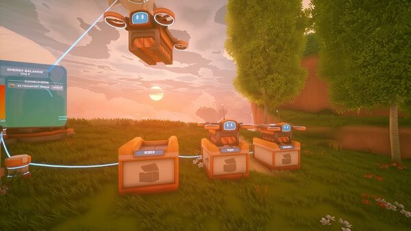 Screenshot from Solarpunk: A sunset illuminates drone stations and lush greenery, with a hovering drone in the foreground.
