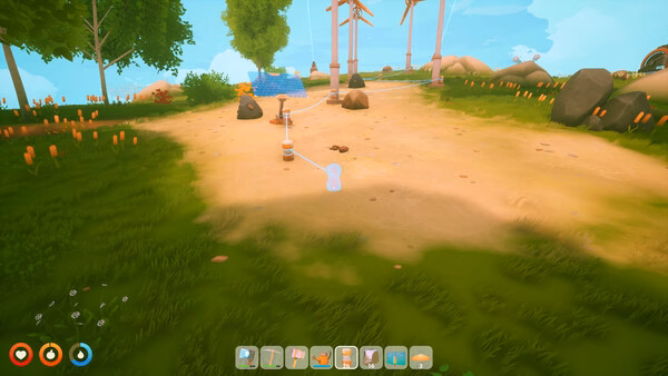 A Solarpunk screenshot showing a tranquil landscape with wind turbines, trees, and a sandy pathway under a bright sky.