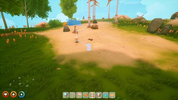 A Solarpunk screenshot showing a tranquil landscape with wind turbines, trees, and a sandy pathway under a bright sky.
