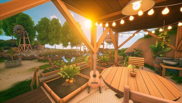 Screenshot from Solarpunk showing a sunny garden terrace with planters, a wooden table, and string lights under a clear sky.