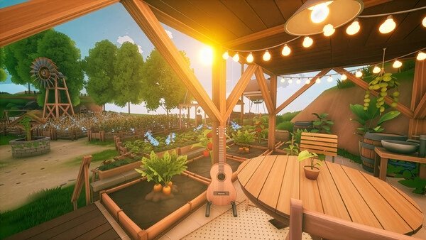 Screenshot from Solarpunk showing a sunny garden terrace with planters, a wooden table, and string lights under a clear sky.