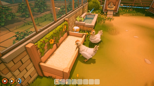 Screenshot from Solarpunk showing two chickens near a garden bed, with plants and a water feature in the background.