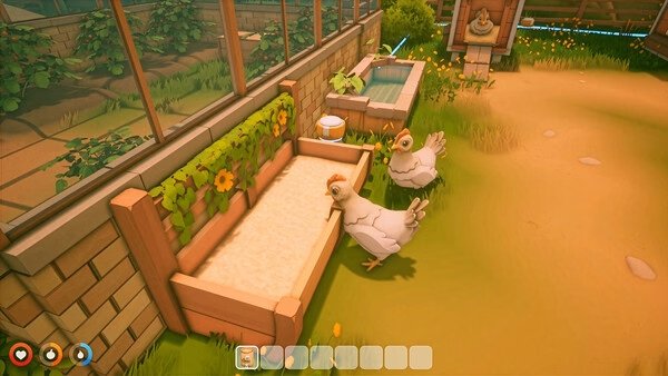 Screenshot from Solarpunk showing two chickens near a garden bed, with plants and a water feature in the background.
