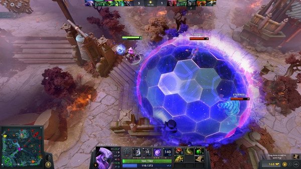 Dota 2 screenshot: Two heroes caught in a blue Chronosphere on stone stairs, with player stats and map visible in the interface.