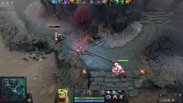 Dota 2 screenshot: Pudge uses his Meat Hook ability to pull an enemy hero near a dark forested terrain.