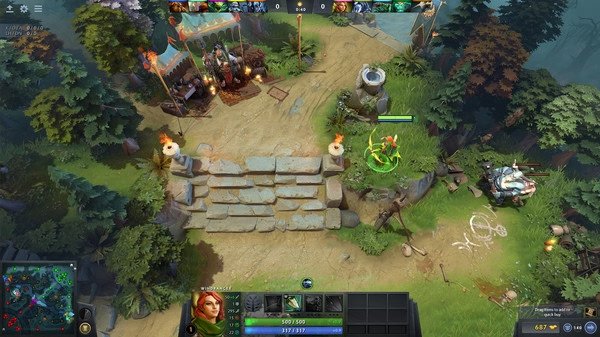 Dota 2 screenshot: Windranger character stands on a stone pathway surrounded by trees, preparing for battle.