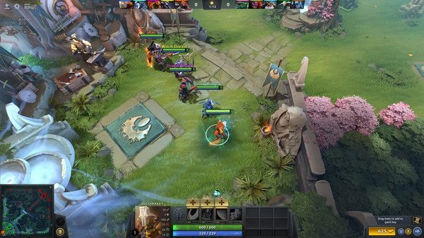 Screenshot from Dota 2 showing a team of heroes gathered at the base, preparing for battle with game stats at the bottom.