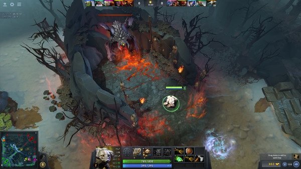Dota 2 screenshot: A hero faces Roshan in his pit, surrounded by red glowing lava and jagged rocks, preparing for battle.