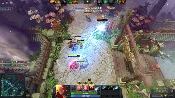 Dota 2 screenshot: A hero casts a powerful spell on an enemy in a lush, ancient battleground, surrounded by creeps and statues.