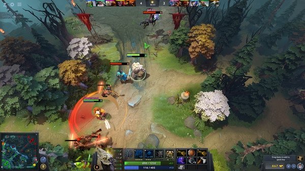 Dota 2 screenshot: Heroes battle in a forest lane, surrounded by colorful trees, with a scoreboard and HUD visible.