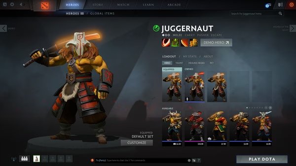 Dota 2 screenshot: Juggernaut hero selection screen displaying various cosmetic options and stats.