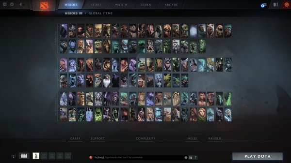 Dota 2 screenshot showing the hero selection screen with various hero portraits organized by role and complexity.