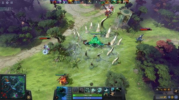 Dota 2 screenshot: Tidehunter uses Ravage on enemies in a lush forest setting, with player stats and mini-map visible.