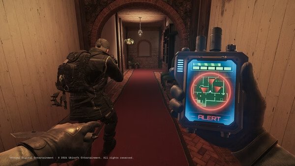 Screenshot from Tom Clancy's Rainbow Six Siege showing a player holding a gadget with an alert sign in a dimly lit hallway.