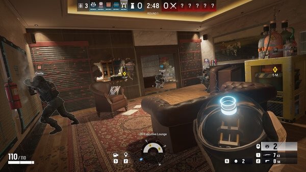 Screenshot of Tom Clancy's Rainbow Six Siege showing players in a lounge area, preparing for an intense tactical match.