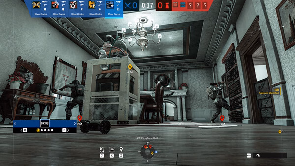 Screenshot from Tom Clancy's Rainbow Six Siege showing two players in an ornate dining room, preparing for tactical action.