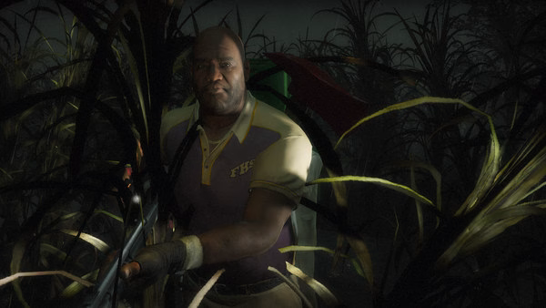 A screenshot from Left 4 Dead 2 showing a character in a dark, overgrown field, holding a weapon and wearing a purple shirt.