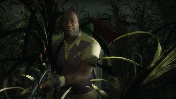 A screenshot from Left 4 Dead 2 showing a character in a dark, overgrown field, holding a weapon and wearing a purple shirt.