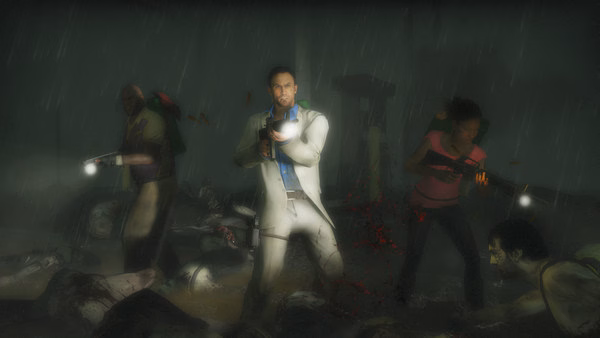 Survivors fight zombies in a rainy graveyard in this Left 4 Dead 2 screenshot, armed with flashlights and weapons.