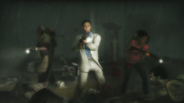 Survivors fight zombies in a rainy graveyard in this Left 4 Dead 2 screenshot, armed with flashlights and weapons.