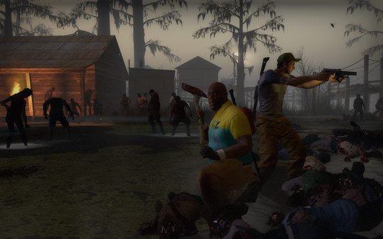 Left 4 Dead 2 screenshot: Survivors fight off zombies in a swampy area near a burning wooden shack under a dusky sky.