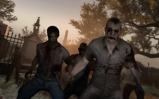Left 4 Dead 2 screenshot showing survivors fighting off zombies in a cemetery at dusk, surrounded by trees and gravestones.