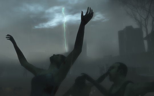 Left 4 Dead 2 screenshot showing zombies reaching upward in a dark, stormy environment with lightning illuminating the sky.