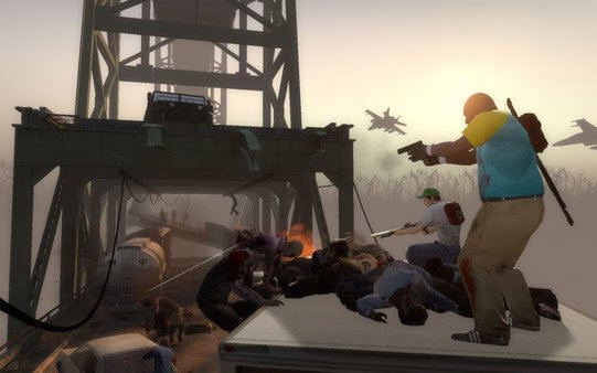 Left 4 Dead 2 screenshot: Survivors battle zombies atop a vehicle on a bridge, with jets flying overhead in a tense scene.