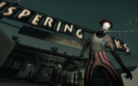 Left 4 Dead 2 screenshot: A clown zombie stands menacingly in front of the Whispering Oaks Amusement Park sign at night.