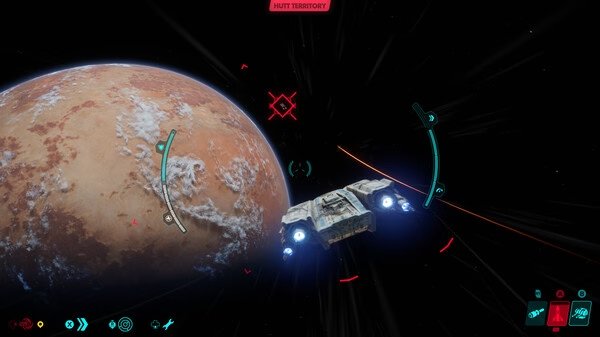 Star Wars Outlaws screenshot: A spaceship flies through space, approaching a planet in Hutt Territory. HUD elements are visible.