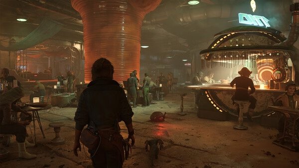 A "Star Wars Outlaws" screenshot showing a character walking through a bustling cantina with patrons seated at a round bar.