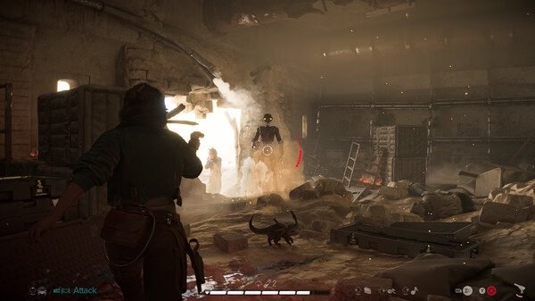 Screenshot from Star Wars Outlaws: A player character aims at an enemy droid in a debris-filled room, accompanied by a small creature.