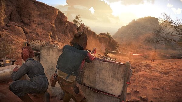 Star Wars Outlaws screenshot: Two characters take cover behind a barricade in a desert environment with mountains in the background.