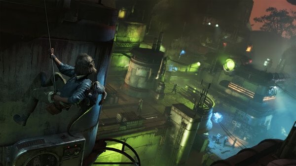 Star Wars Outlaws screenshot: A character rappels down a building in a bustling, neon-lit cityscape at dusk.