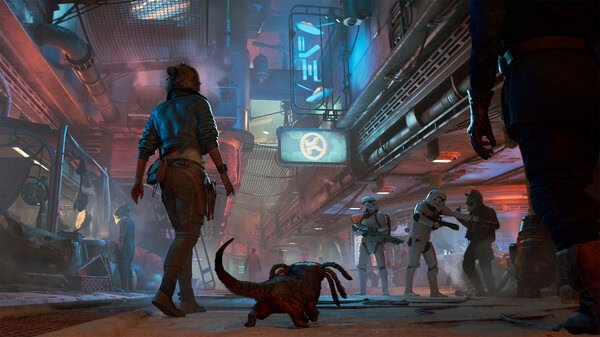 A 'Star Wars Outlaws' screenshot showing a character and alien creature in a bustling, neon-lit corridor with stormtroopers.